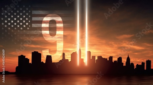 New York city skyline with 9 11 tribute lights at sunset