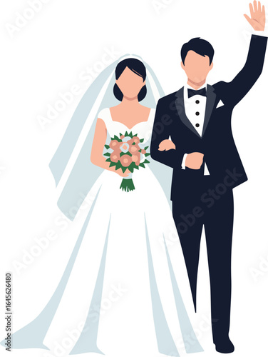 Illustration of a newly married couple waving isolated on white background