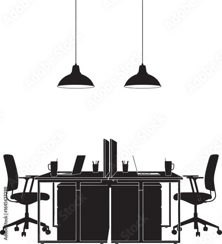 Modern office workstation with pendant lights isolated on white background