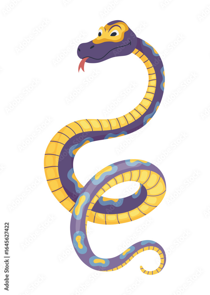 Fototapeta premium Cartoon color snake. Cute smiling animal, funny reptile of wild tropical nature. Flat vector isolated illustrations for kids design