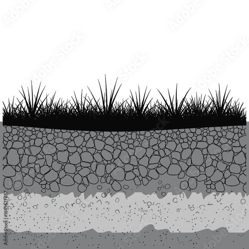 Soil layers with grass isolated on white background in black and white style for environment concept