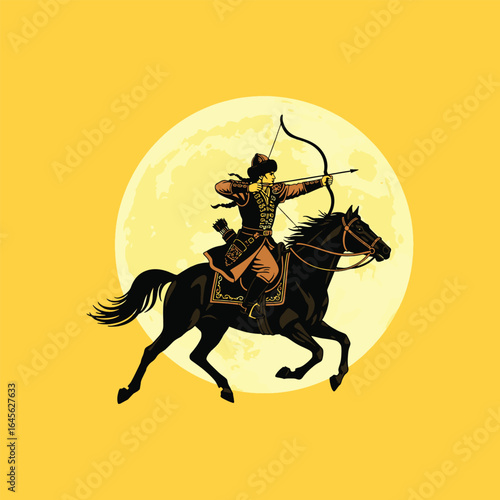 Illustration of a mongol archer on horseback with bow and arrow against a yellow moon background