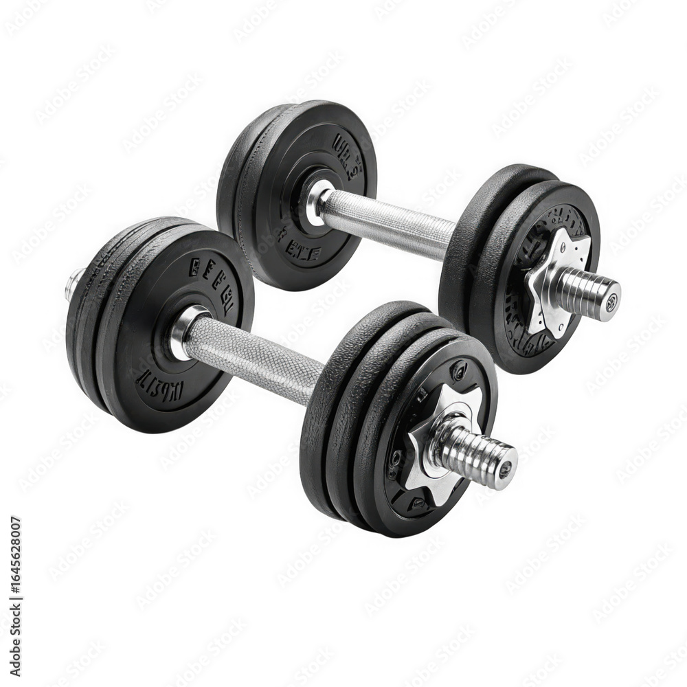Fototapeta premium Two adjustable dumbbells with black weight plates isolated on transparent background