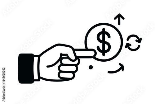 Financial concept icon. Hand pointing at dollar coin. Money transaction, cash flow, investment, and economic growth. Business payment symbol. Minimalist vector illustration.