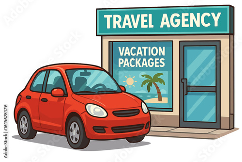 Red car at travel agency. Concept for booking vacation packages, summer holiday, and tourism business. Getaway trip planning. Vector cartoon illustration on a transparent background.