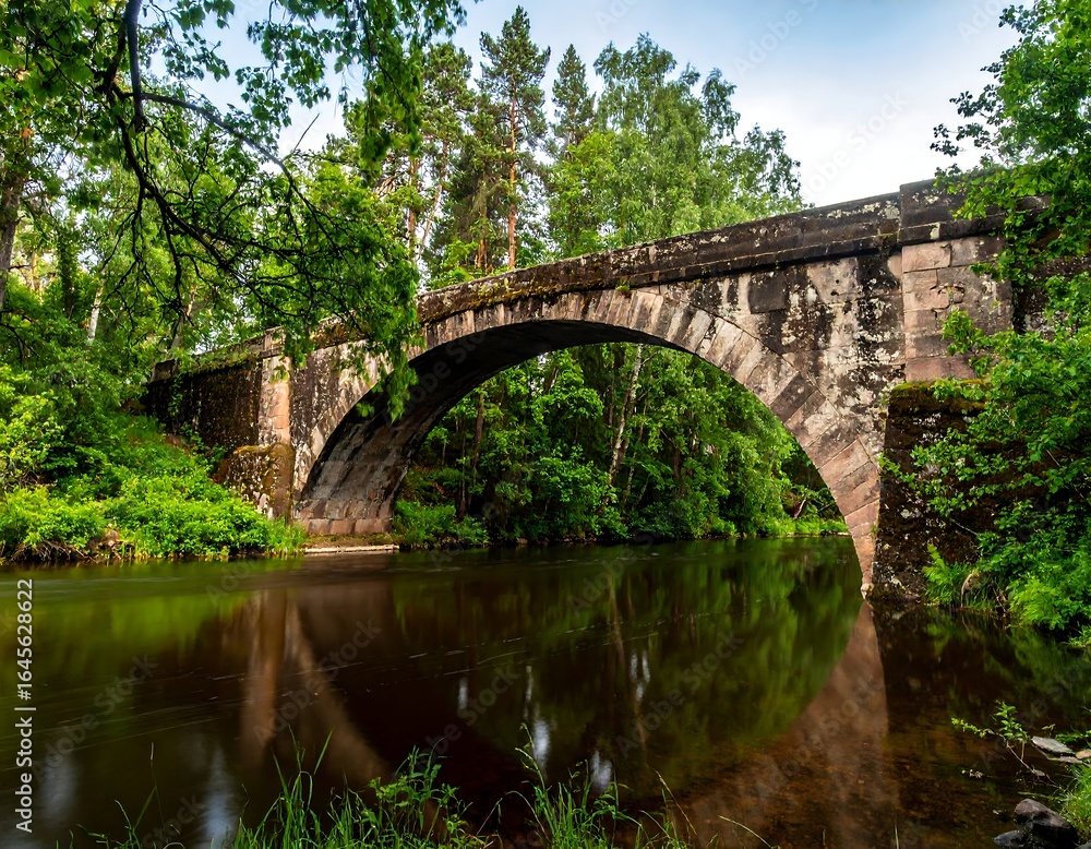 Stone arch bridge spanning a calm river, reflected in the still water, surrounded by lush green foliage Stone arch bridge spanning a calm river, reflected in the still water, surrounded by lush green foliage