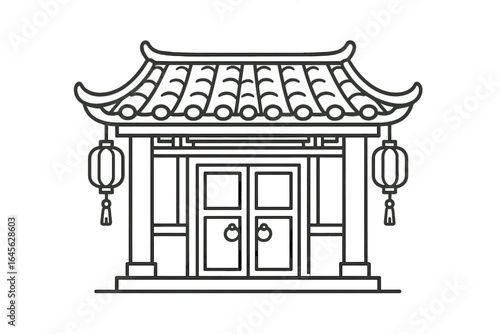 Chinese traditional building line art. Asian temple or house with lanterns. Japan pagoda architecture outline icon. Oriental gate vector illustration. China culture symbol.