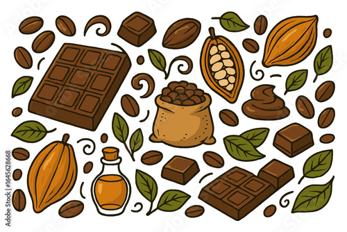 Chocolate and cacao elements set. Hand drawn vector illustration collection with candy bar, cocoa beans, pod, butter and coffee. Sweet dessert food ingredients pattern.