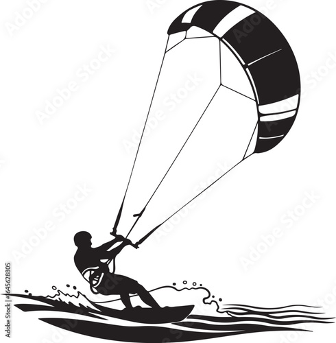 Kitesurfer silhouette isolated on white background, riding the waves in an extreme water sport