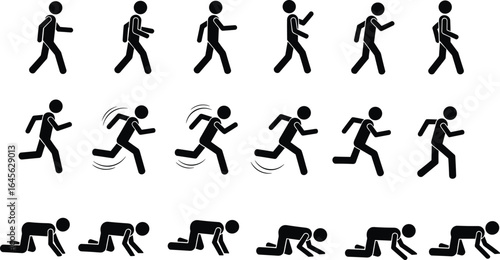 Stick figure movement collection, walking sequence, running animation, crawling poses, human locomotion, motion study, vector graphics, educational design, action icons