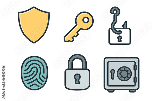 Security icon set for cybersecurity and data protection. Vector concepts of safety, privacy, and authentication. Includes shield, key, fingerprint, phishing hook, padlock, and safe.