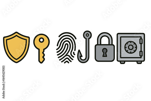Security icon set for cybersecurity and data protection. Vector collection with shield, key, fingerprint, phishing hook, padlock, and safe. Simple flat cartoon illustration.