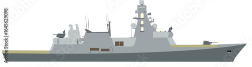Vector illustration of a modern military warship side view, featuring radar systems, missile launchers, and naval artillery in a flat minimalist style