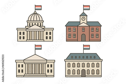 Government buildings vector icon set. Flat design collection of city hall, courthouse, and capitol illustrations with Dutch flags. Public administration architecture.
