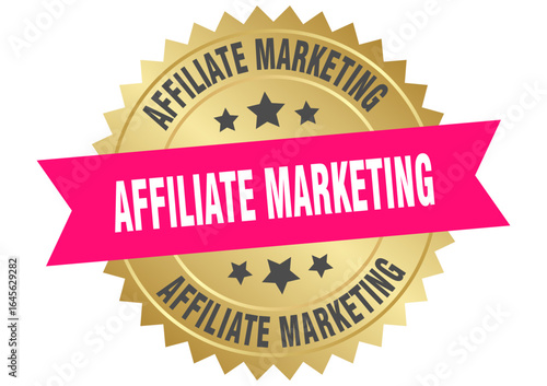 affiliate marketing. affiliate marketing round pink and gold label isolated on transparent background