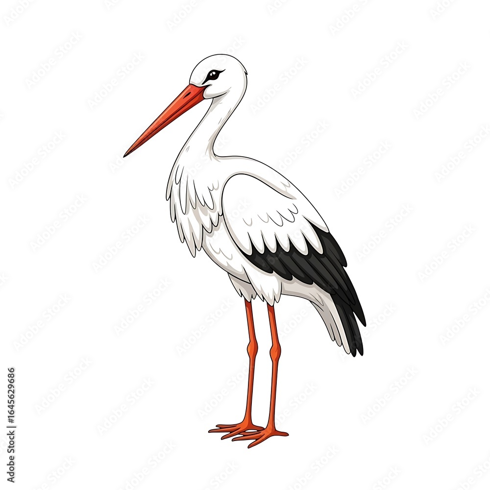 Fototapeta premium White stork bird standing tall isolated on white background