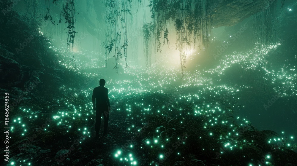 Obraz premium Surreal illuminated landscape featuring a lone figure amidst bioluminescent flora