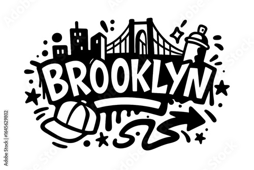 Brooklyn lettering in a bold graffiti style. New York City street art with bridge and skyline. Urban hip hop culture concept with spray can and cap. Vector icon for t-shirt print.