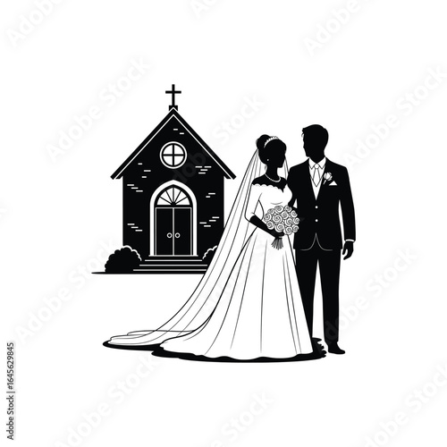 Illustration of a bride and groom standing in front of a church, isolated on white background