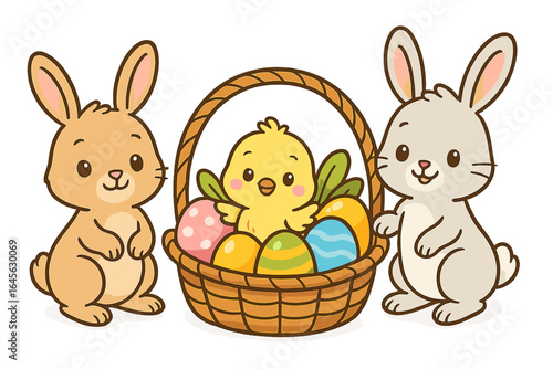 Two cute Easter bunnies with a little chick in a basket full of colorful painted eggs. Happy spring holiday celebration. Adorable animal cartoon vector illustration.