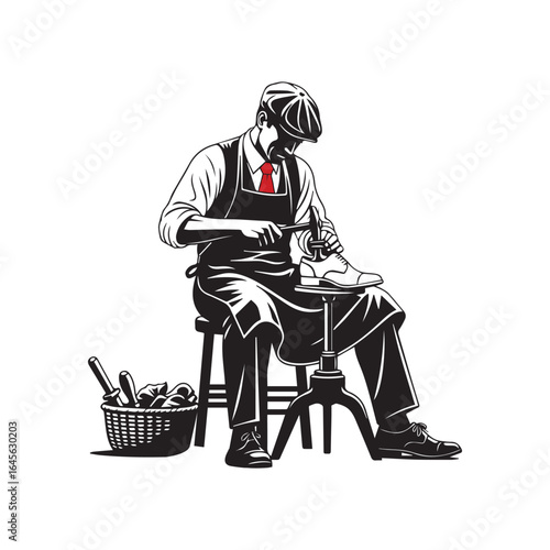 Illustration of a skilled shoemaker repairing a shoe in his workshop isolated on white background