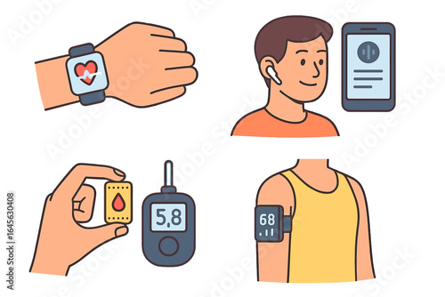 Health tech icons set. Wearable device for personal wellness. Smartwatch with heart rate monitor. Blood glucose meter for diabetes test. Digital health monitoring concept.