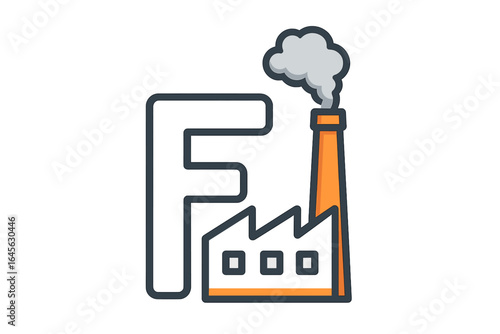 Factory icon with letter F logo concept. Industrial building with smokestack. Symbol for manufacturing, production, and energy. Vector illustration of a power plant.