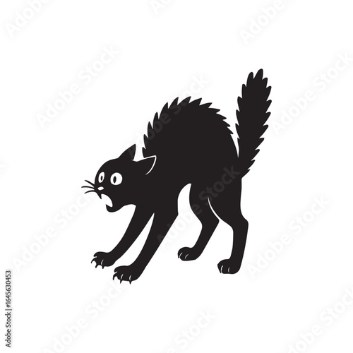 Scared black cat with arched back isolated on white background, a spooky halloween illustration