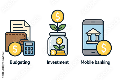 Financial management icons set. Vector illustration of budgeting, investment growth, and mobile banking. Concepts for personal finance, savings, economy, and online payment.