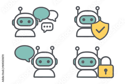 Chatbot robot icon set. AI customer support assistant and online communication technology. Secure chat, data privacy protection and safety. Vector line art illustration.