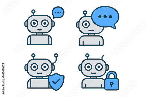 Chatbot robot icon set for AI customer support and data security. Vector illustration of cute bot head with chat bubble, shield, and lock for online assistance concept.