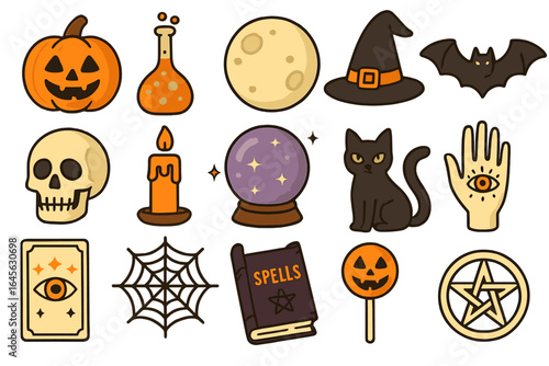 Halloween witchcraft icon set. Spooky magic mystical symbols. Vector cartoon collection with pumpkin, skull, black cat, spellbook, crystal ball, potion, and witch hat.