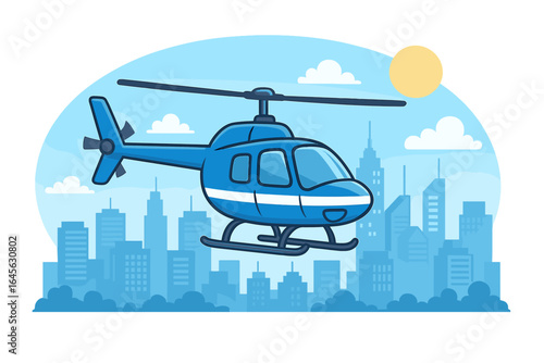 Helicopter flight over a modern city skyline. Air transportation, travel, tourism, and emergency rescue services concept. Vector cartoon illustration of a chopper.