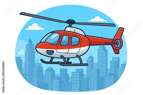 Cartoon helicopter flying over city skyline. Cute red chopper in flight above urban cityscape with skyscrapers. Vector illustration for transport or travel concept.
