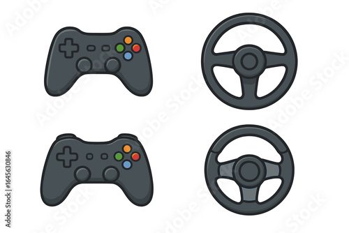 Gaming icons set with gamepads and racing steering wheels. Vector illustration for video games, console entertainment, and digital competition. E-sports symbol collection.