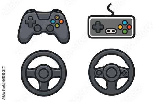 Gaming icon set with modern and retro gamepads and racing steering wheels. Vector illustration for video games, esports, and entertainment. Console controller joysticks.