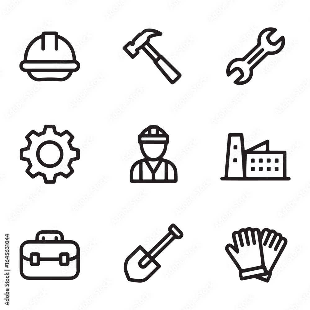 Set of nine black outline icons depicting construction and industrial elements on a white background Set of nine black outline icons depicting construction and industrial elements on a white background