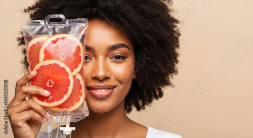 Rejuvenation, revitalization. Smiling African American woman, grapefruit slices in IV vitamin drip saline bag. Vitamin therapy, wellness, beauty., detox. World health day, National Nutrition Month