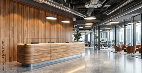 Modern business reception with wooden desk and glass office concept in high-rise building under natural light and industrial-style ceiling design. Ai generative