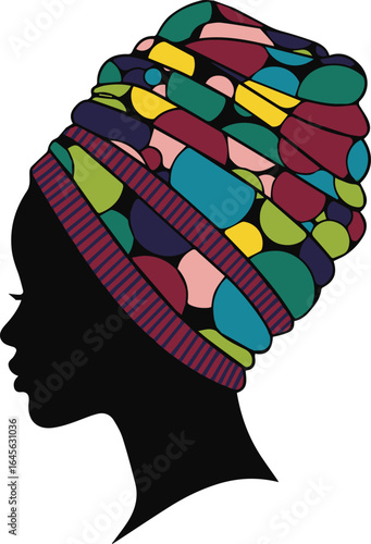 Silhouette of an african woman with a colorful turban isolated on white background for creative projects