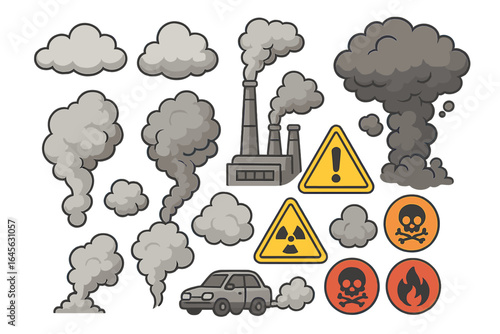 Pollution vector icon set. Air pollution, factory smoke, car exhaust emission. Danger signs: radiation, toxic poison skull, warning. Climate change, smog concept illustration.
