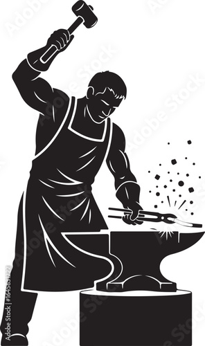 Silhouette of blacksmith working on anvil with hammer isolated on white background, wearing apron