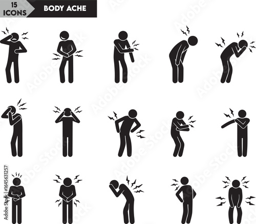 Illustration of stick figure showing different body ache and pain isolated on white background