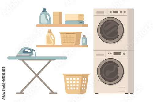 Laundry room vector set with stacked washing machine and dryer, iron, ironing board, basket, supplies. Housework, home appliance, chore concept. Flat cartoon illustration.