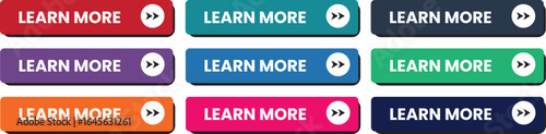 Set of multicolored Learn More buttons with arrow icons