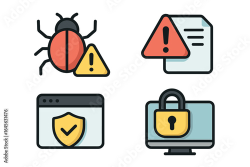 Cybersecurity icon set with vulnerability alerts and protection measures. Includes computer virus bug, data error, antivirus shield, and secure computer padlock vector icons.