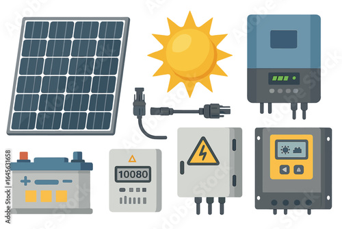 Photovoltaic system components. Solar panel, storage battery, inverter, and charge controller. Renewable, sustainable, and alternative green energy equipment vector set.