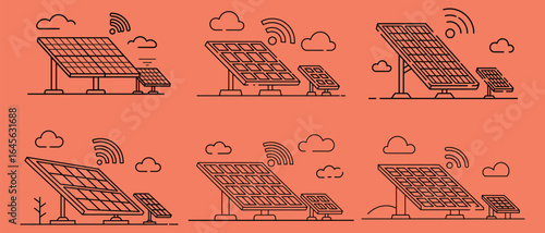 Line art icons of solar panels with wireless connectivity signals solar energy renewable energy
