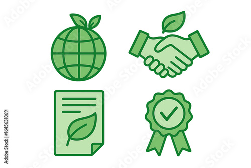 Eco-friendly icon set. Green sustainability symbols for environmental conservation. Planet globe, partnership handshake, policy document, and certified quality seal vector.