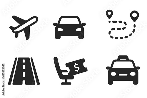 Transportation icon set for travel and tourism. Vector symbols for car, airplane, and taxi. Route navigation, destination pin, road trip, and ticket booking price.
